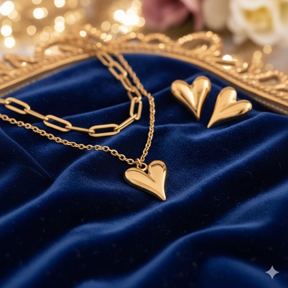 🆕️Radiant 18K Gold Plated Layered Necklace with Heart Pendant Stud Earrings Set - Picture 9 of 12